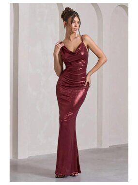 Club L London Galaxy Shimmer Burgundy Bias Cut Cowl Draped Front Maxi Dress Gown